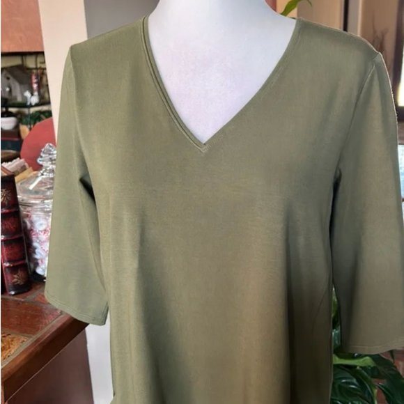 EILEEN FISHER Green Organic cotton Pocketed 3/4 Sleeve V Neck Shift Dress szPM - Picture 6 of 14
